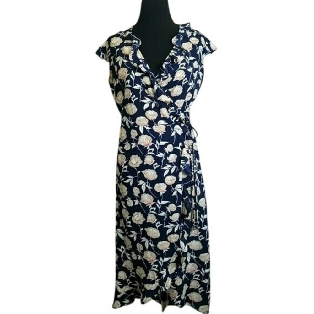 Papermoon Floral Wrap Dress Ruffle Trim Midi Casual Party Blue M Cottagecore